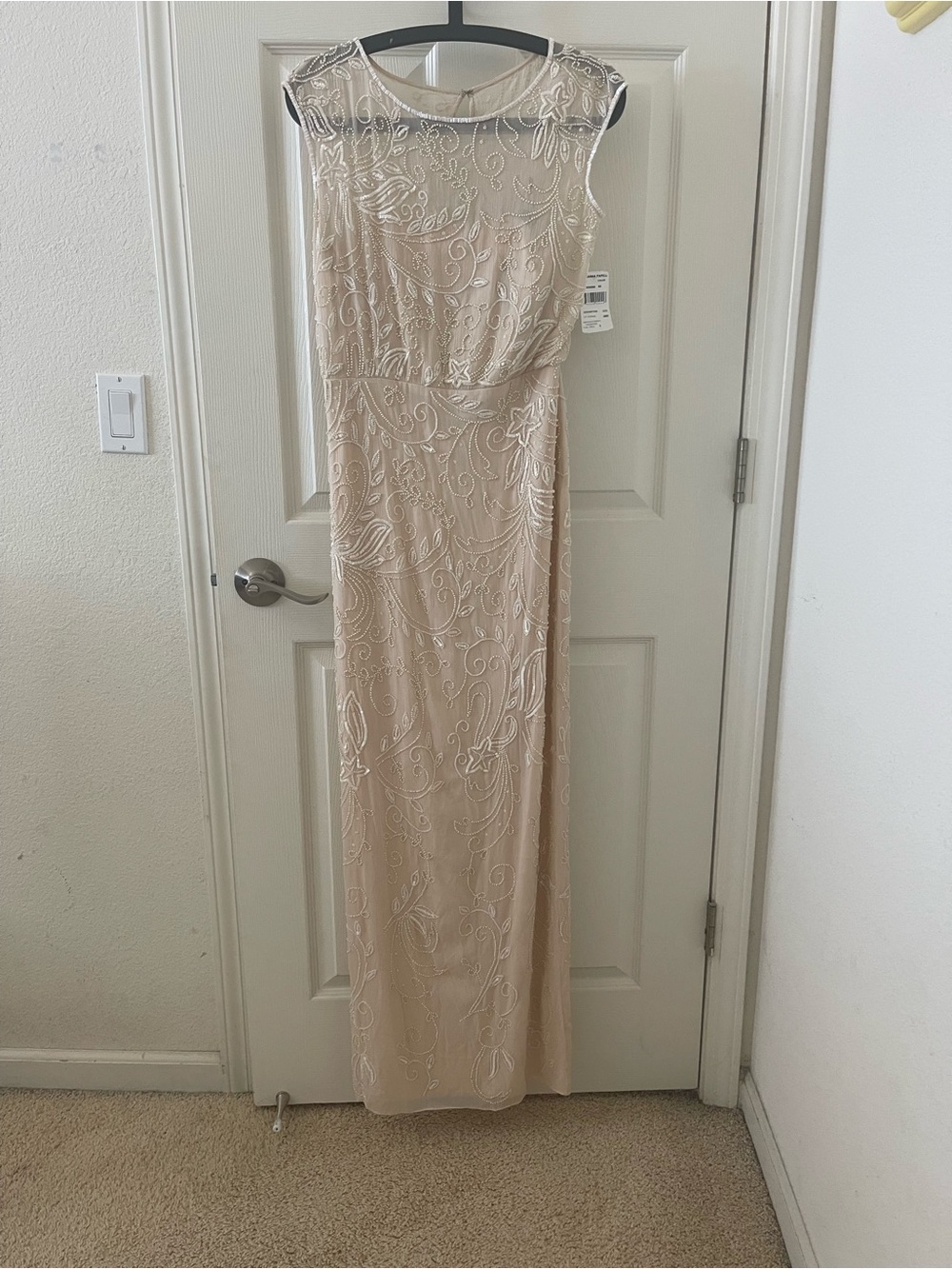 NWT Adrianna Papell Champagne Beaded Cap Sleeve Column Maxi Dress